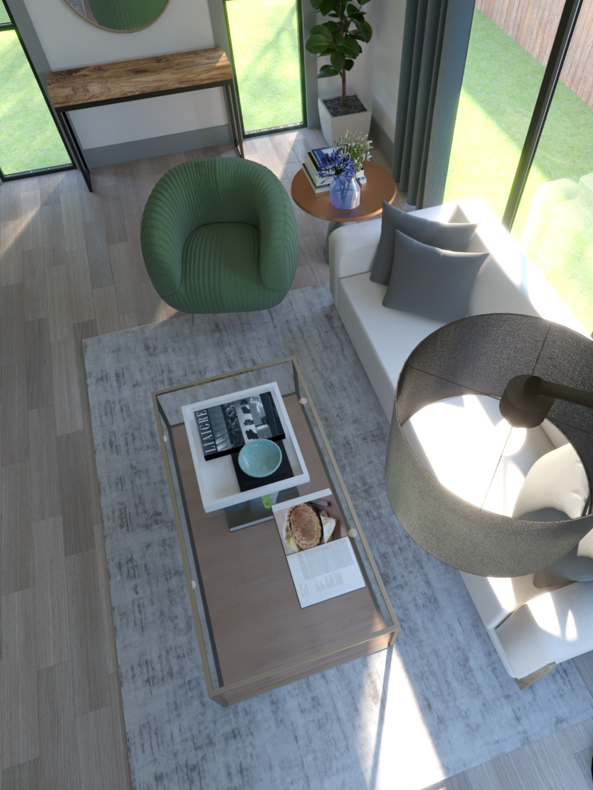top view rendering of a living room showing floor lamp, green accent chair, sofa, wooden floor and grey area rug by Rocabu Designs
