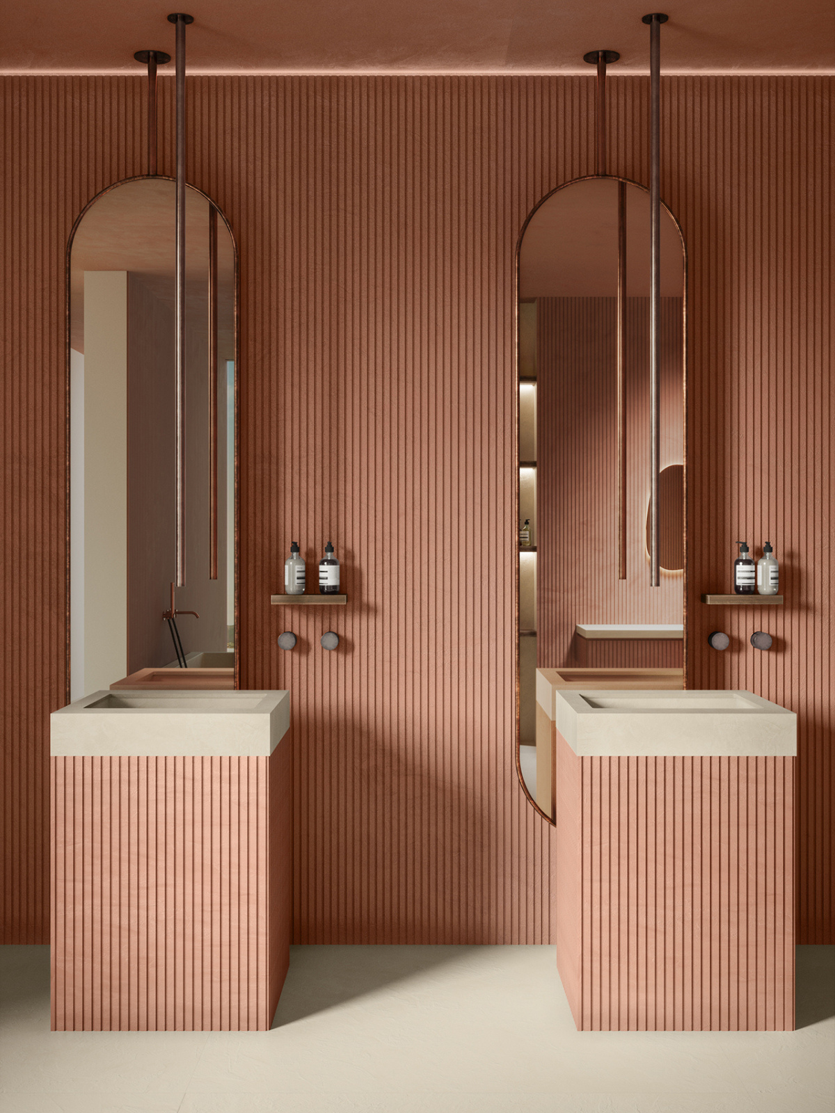 bathroom showing vertical tile patterns and two modern style vanity counters