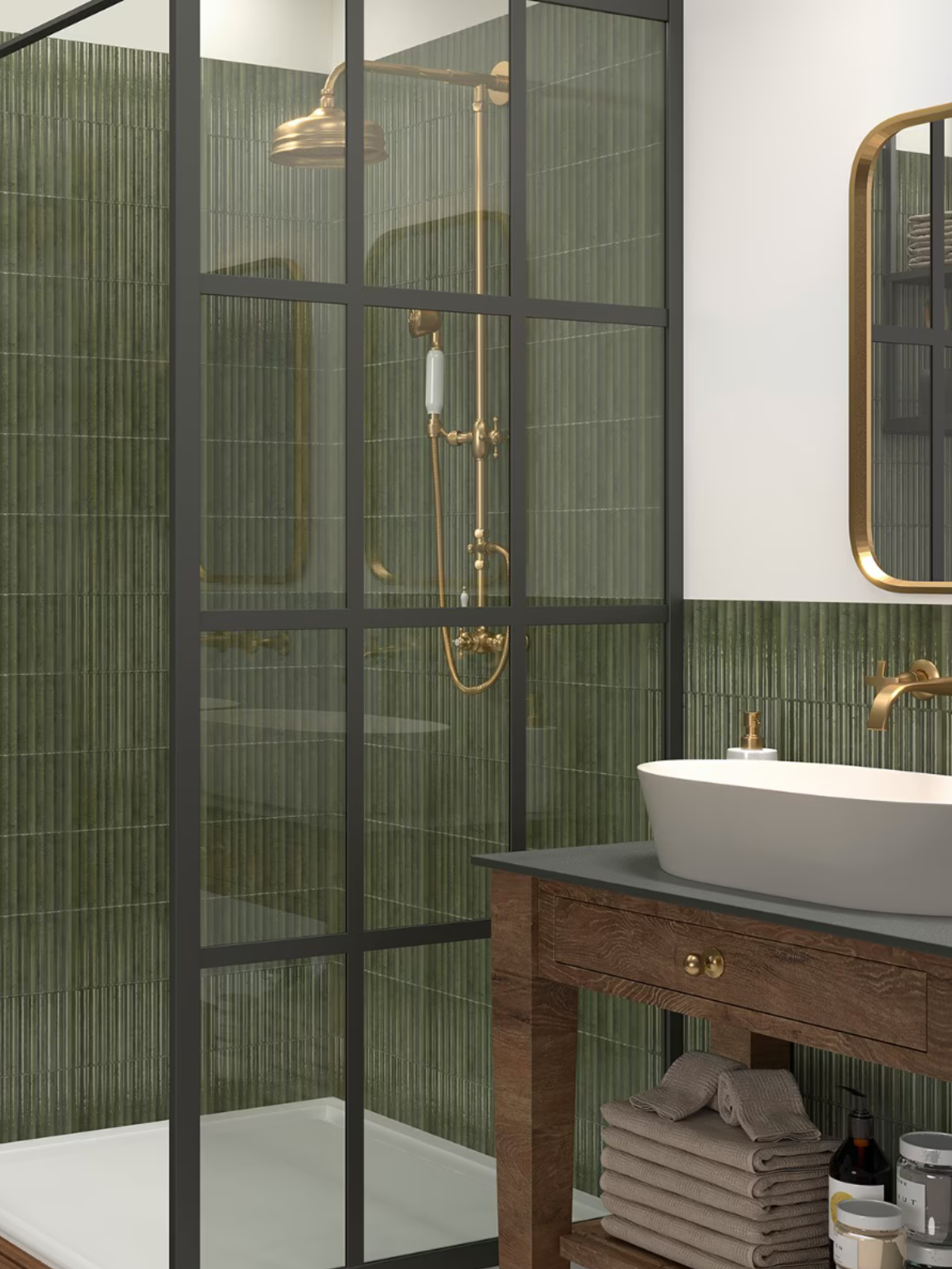 bathroom showing textured rib green tiles on walls and vanity backsplash with French style glass shower partition
