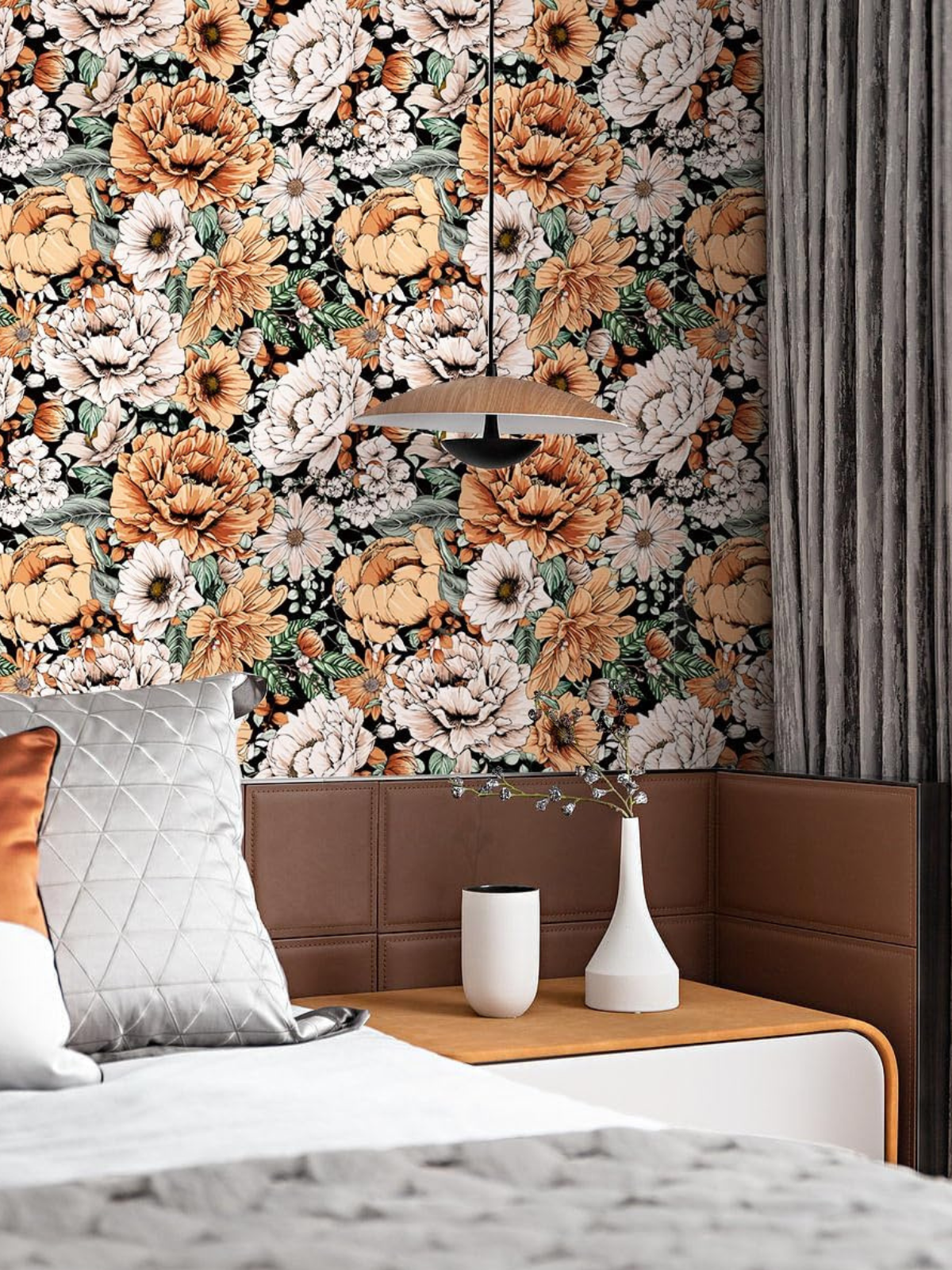 Vintage Peel and Stick Floral Wallpaper Removable Large Peony Black/Orange/Pink Vinyl Self Adhesive Mural 17.7in x 9.8ft