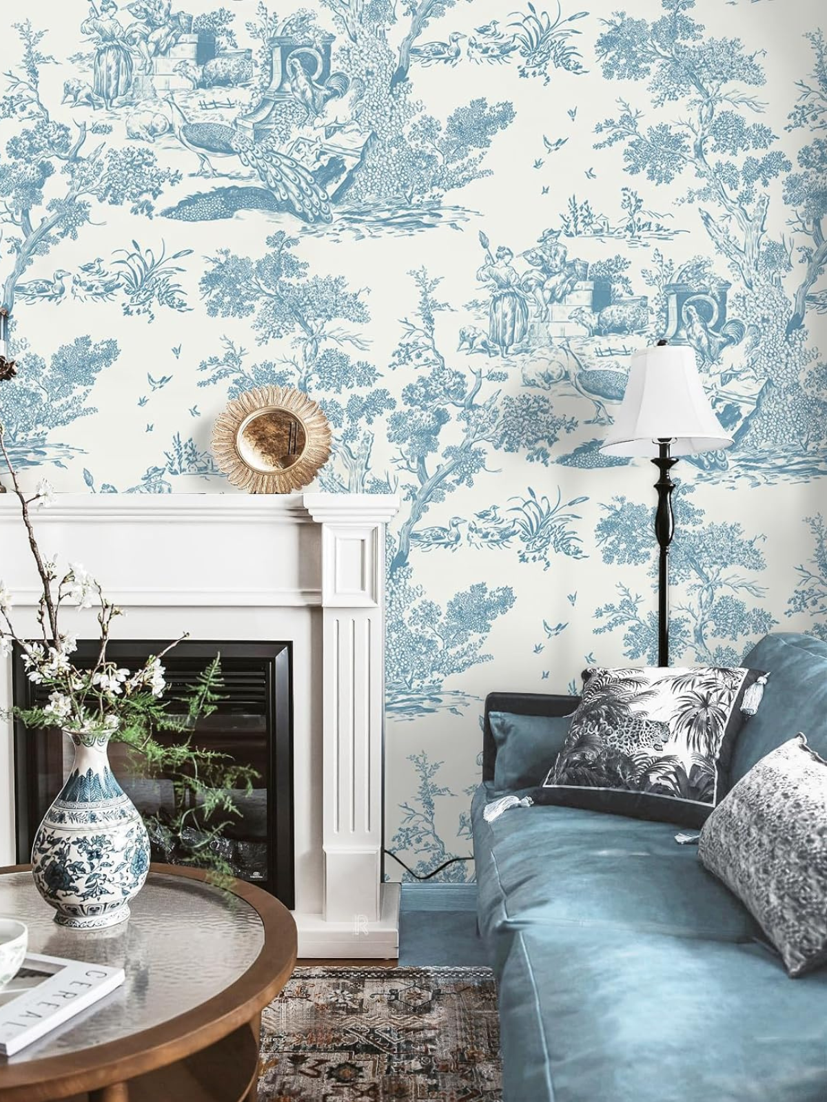 White and Blue Peel and Stick Wallpaper for Bedroom Removable Self-Adhesive Wallpaper Vintage Contact Paper Toile Contact Paper Country Wallpaper Walls Covering Decoral Cabinets 16In×197In Vinyl Film