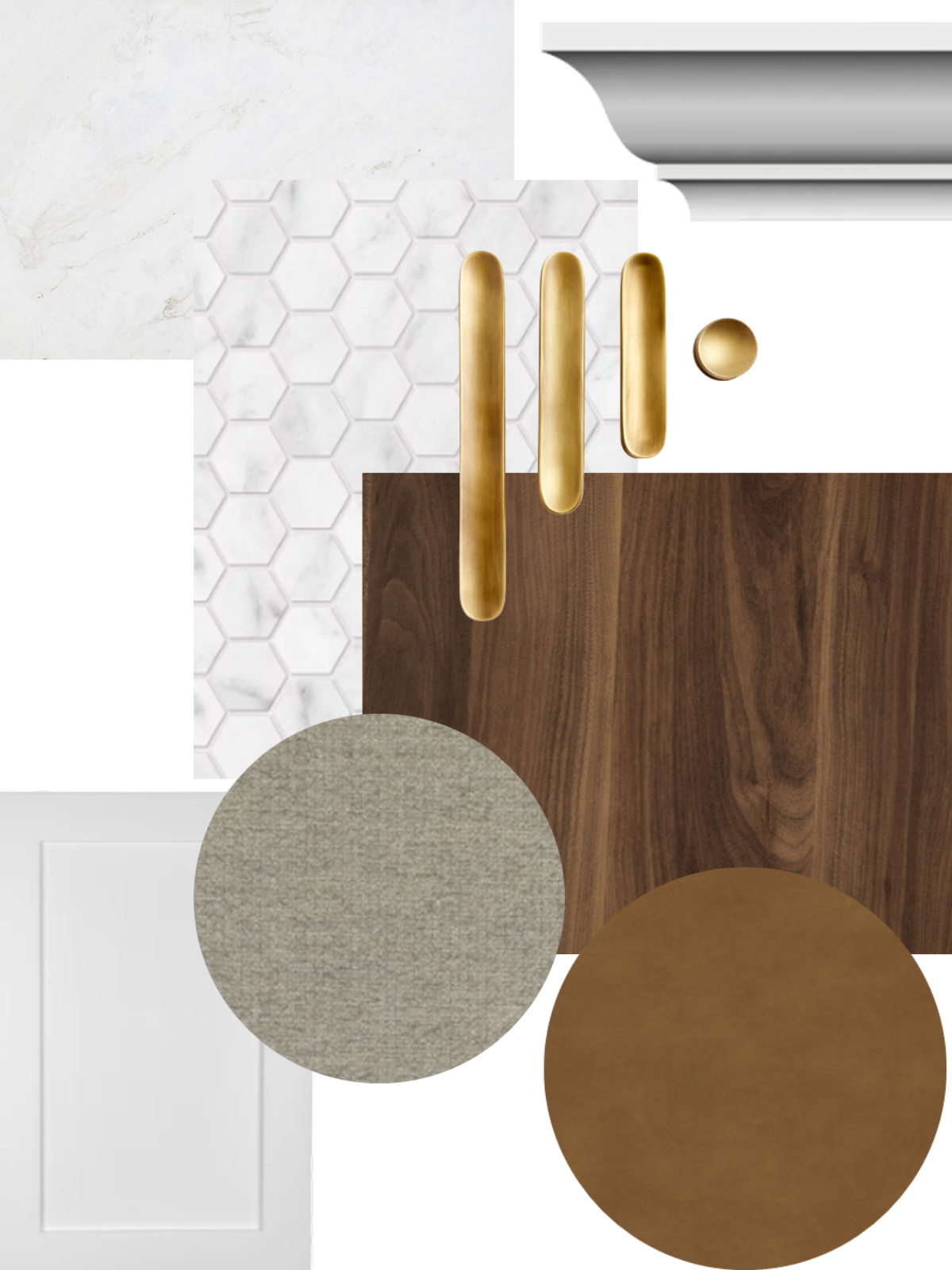 sample mood board showing sample finishes, hardware, cabinet door and tiles