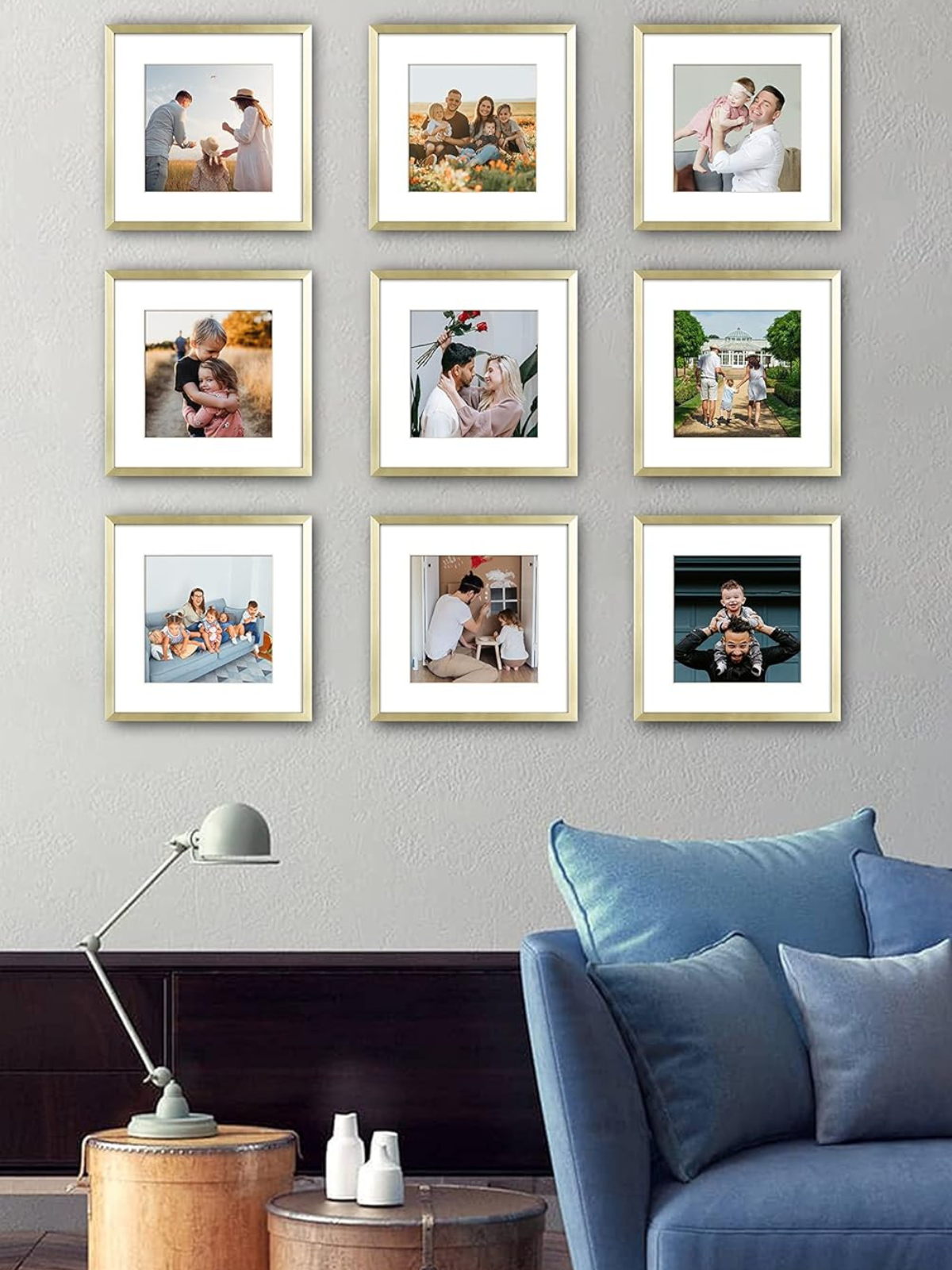 12x12 Gold Square Picture Frame Set, Gallery Wall Art Decorative Wall Hanging-Made to Display Photo 12x12 without mat and 8x8 with Mat, 9 Pack