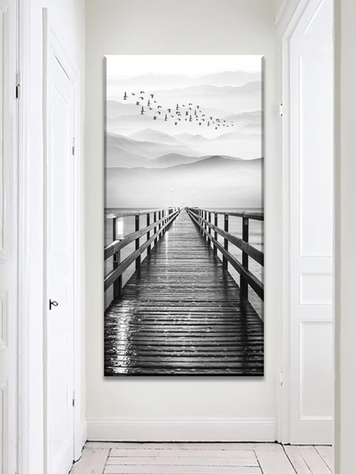 Lake Wall Art for Aisle Corridor, Black and White Pier with Birds Flying Canvas Prints Decor, Vertical Wharf Mountain landscape