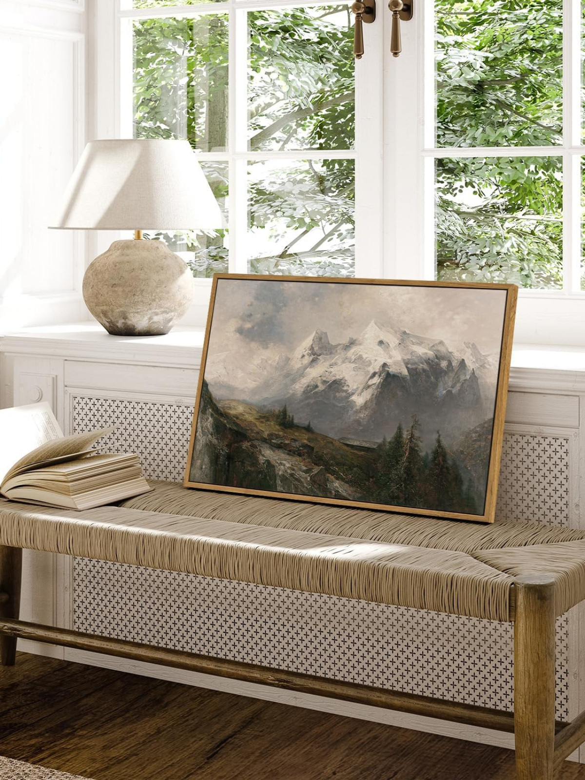 Nature Large Framed Wall Art, The Alpine Pastures Vintage Art Decor Room Aesthetic, 16X24 Inch Canvas Print Art, Mountain Landscape Painting Wall Decor for Bedroom Bathroom Office