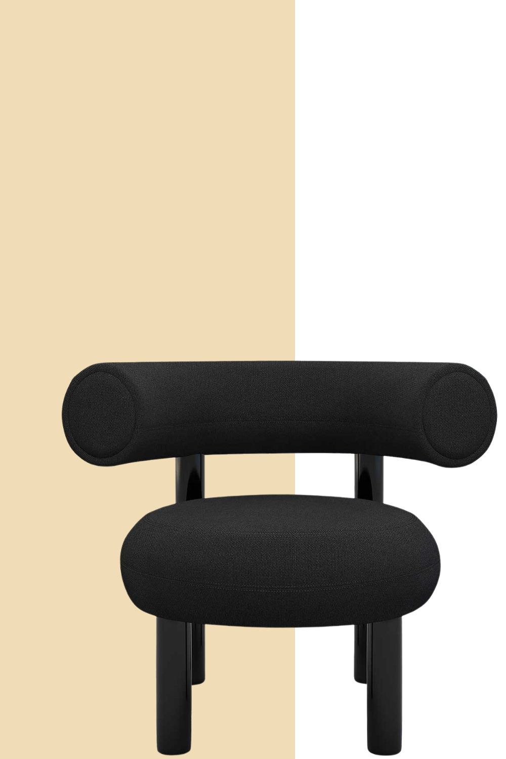 lounge chair with upholstered woolen fabric on glossy black lacquer finish legs