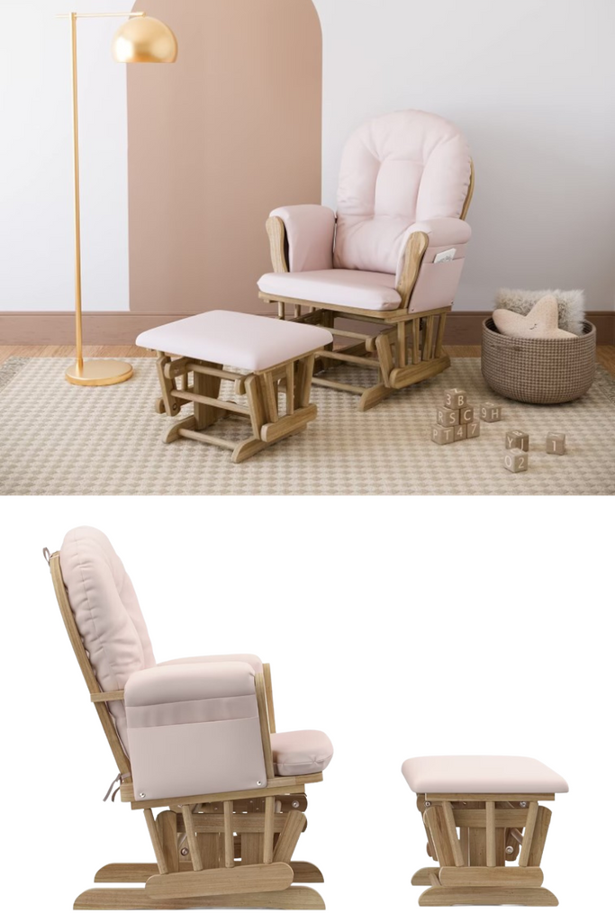 Nursery Glider and Ottoman Set for Relaxing with Arm Rest, Cushion Availability, Metal, Natural/Pink