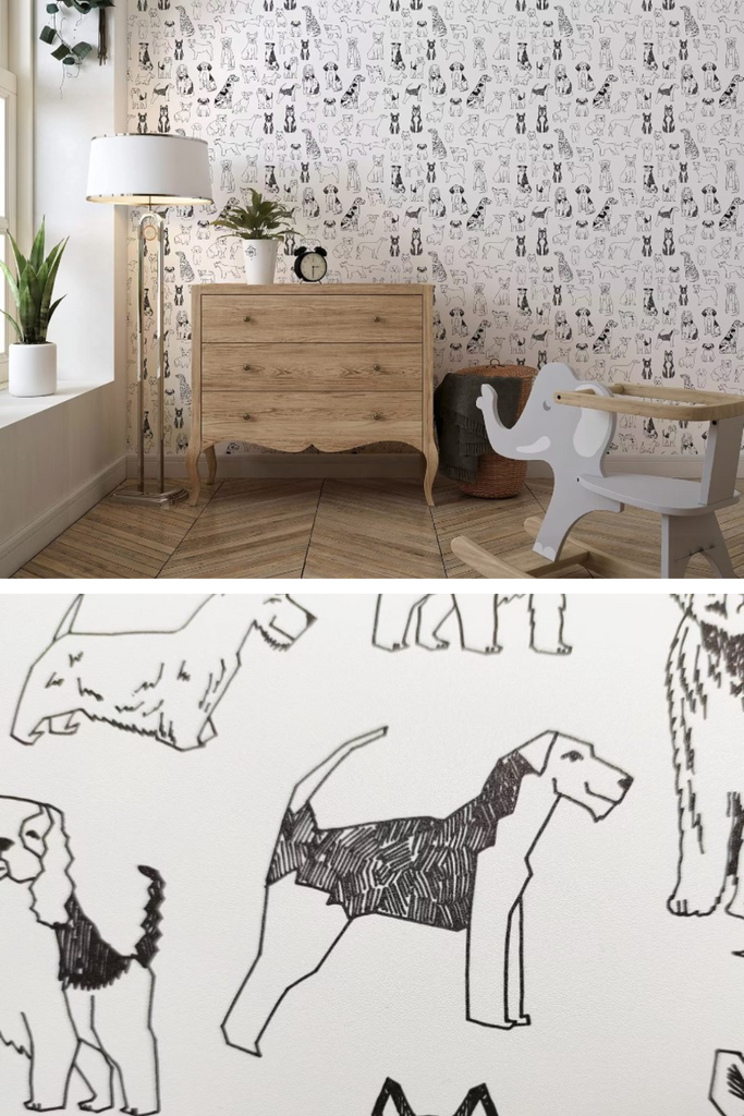 Black&White Dog Peel and Stick Wallpaper Vinyl Self-Adhesive Cute Puppy Removable Contact Paper for Kids Room Cabinets Wall DIY Decor