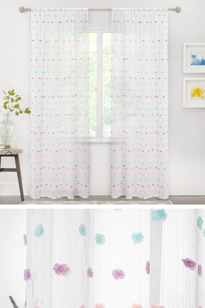 Rainbow Pom Pom Curtains for Living Room Light Filtering 84 Inch Long Bedroom Curtains for Nursery Girls Kids Room Rod Pocket Bohemian Voile Window Drapes 52 x 84 inch 2 Panels