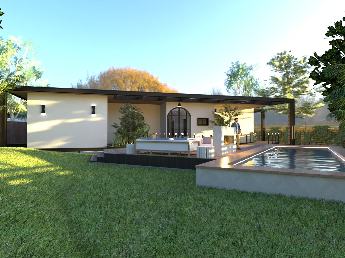 Rear view of the bungalow house design showing lap pool, patio, decking with grass backyard and nice sunny weather 