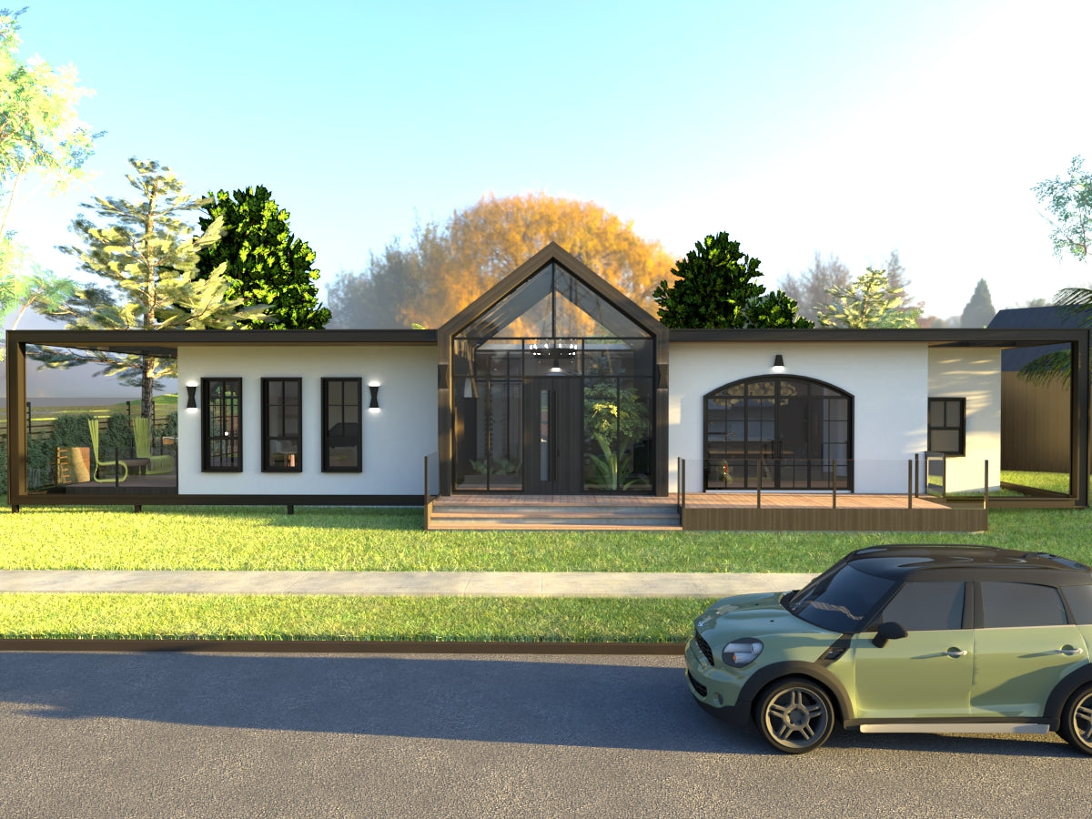 exterior renderings of a bungalow house, modern and contemporary style with clean horizontal exposed beams, landscaping, rad and a green car
