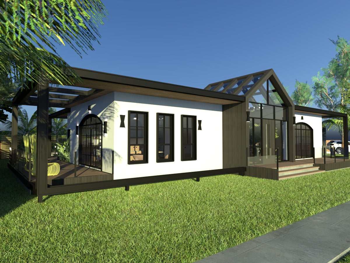 front façade of the bungalow house showing three windows front yard and an indoor garden