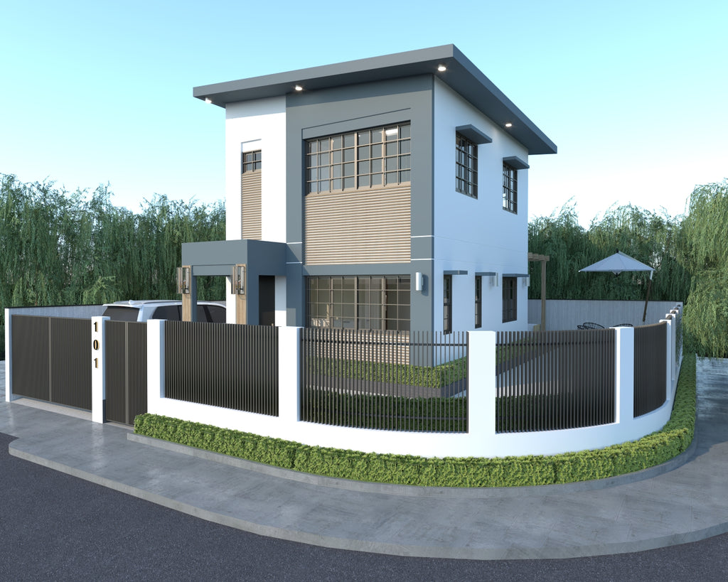 2 storey house showing fence and façade with wood slat accents white and blue grey painted walls