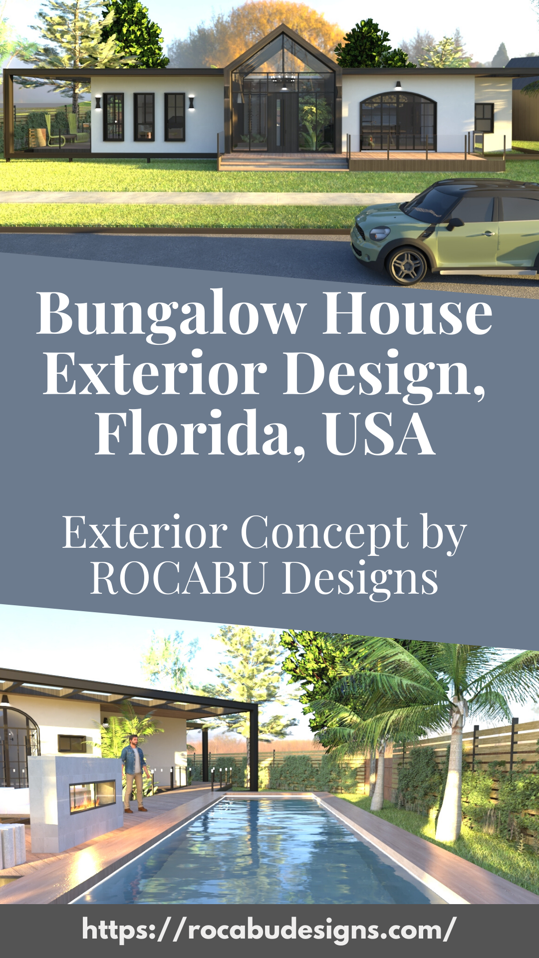 blog cover image showing renderings of bungalow house designed by Rocabu designs