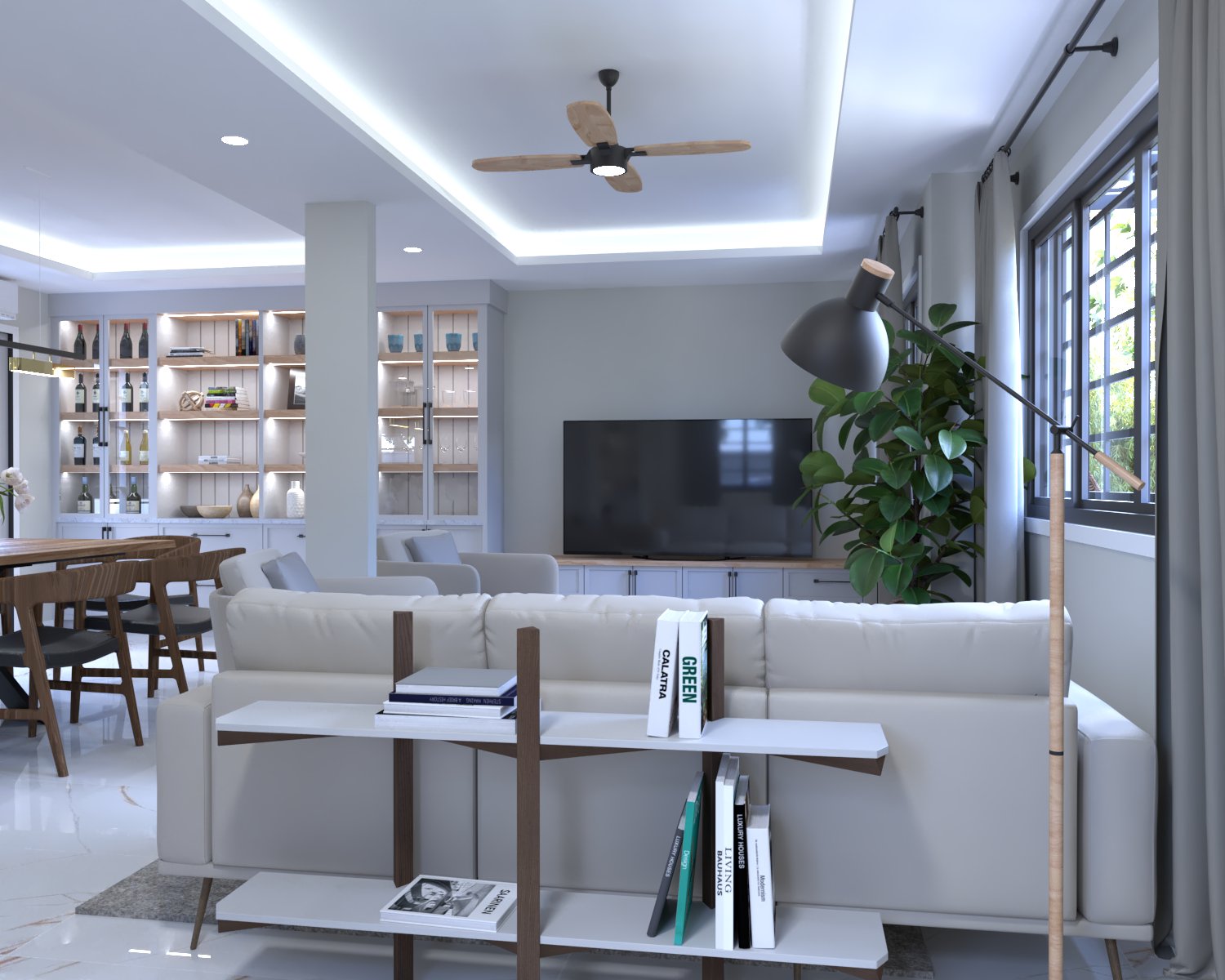 living area showing modern farmhouse concept with white walls, coved ceiling and clean looking modern furniture pieces