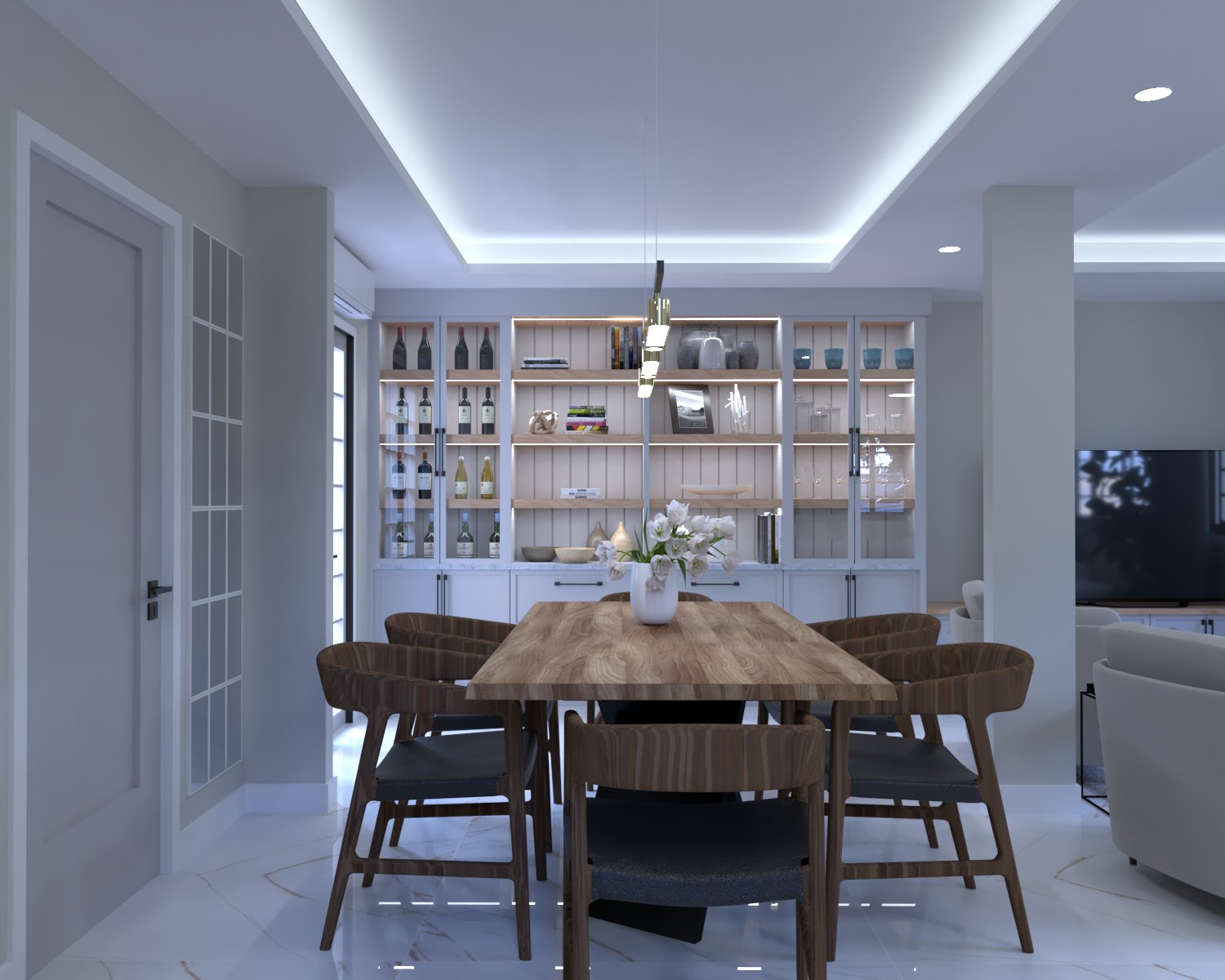 dining area with sophisticated built in display cabinet, marble floor, coved ceiling and wooden furniture