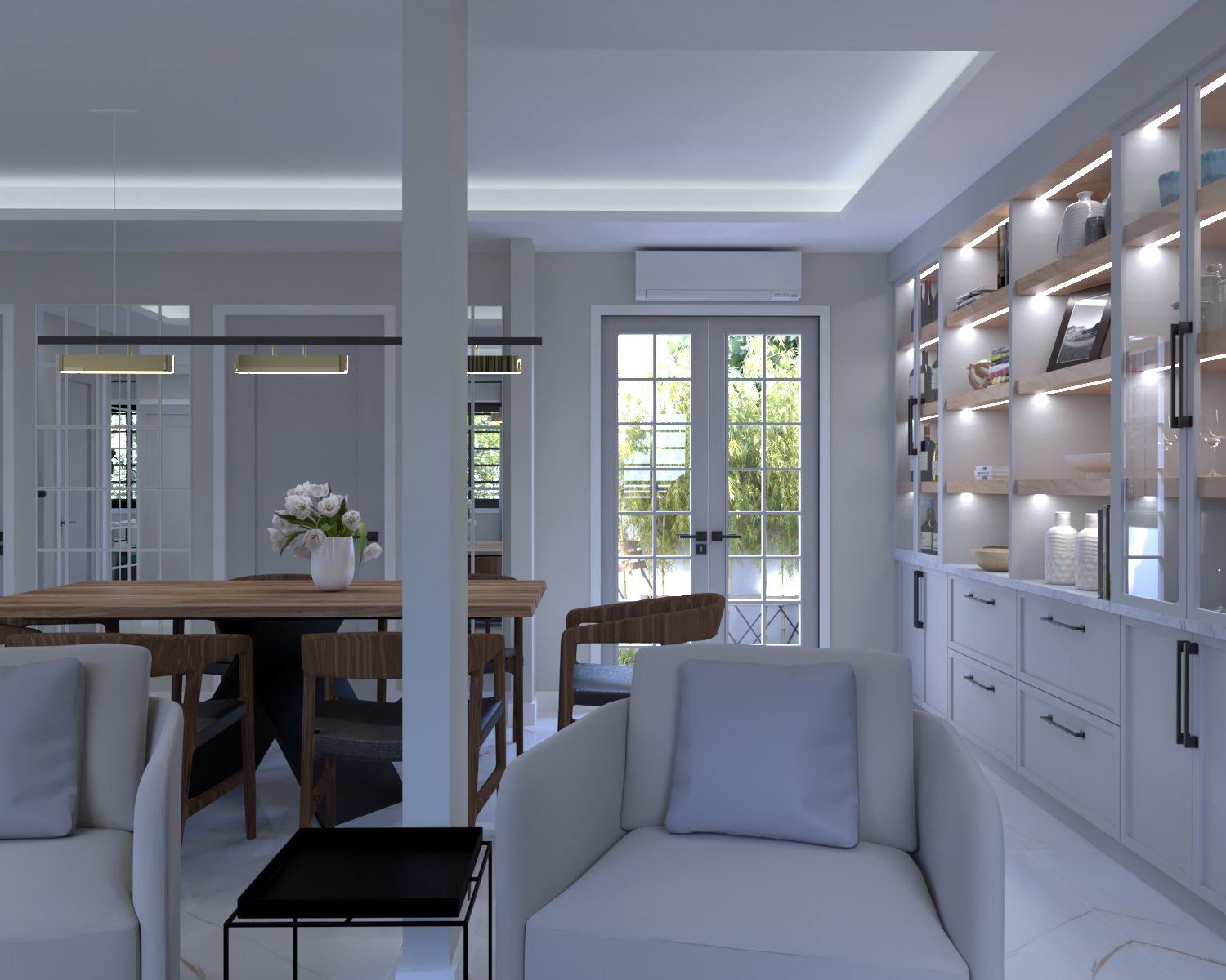 view of living room opens to the dining area with famhouse style built in cabinets for china