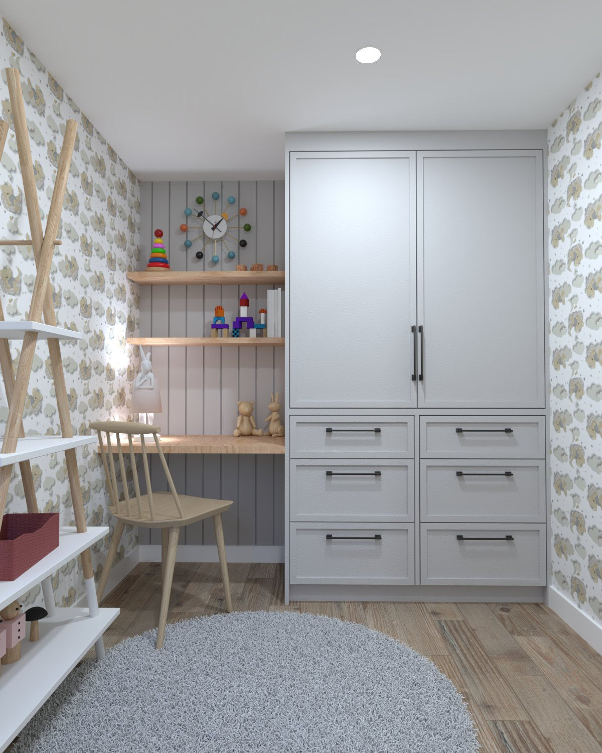 kid's bedroom with playful wallpaper and bright neutral color pallete