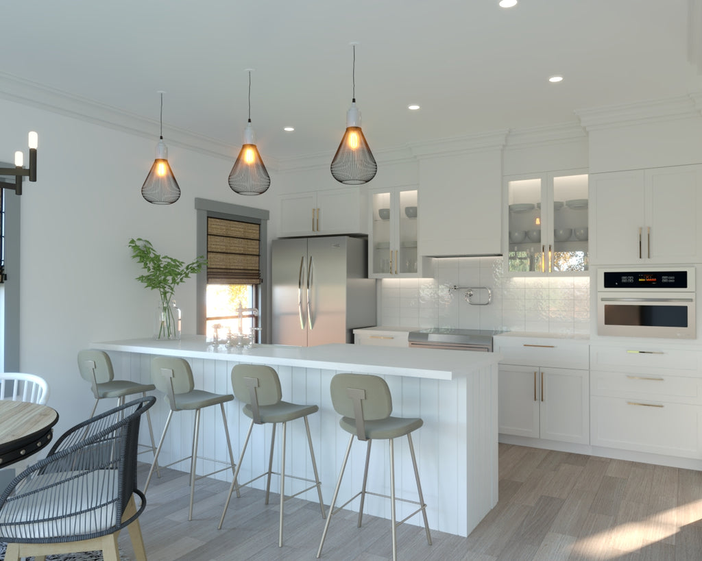 White modern kitchen showing white shaker cabinets metal pedant lights white countertop
