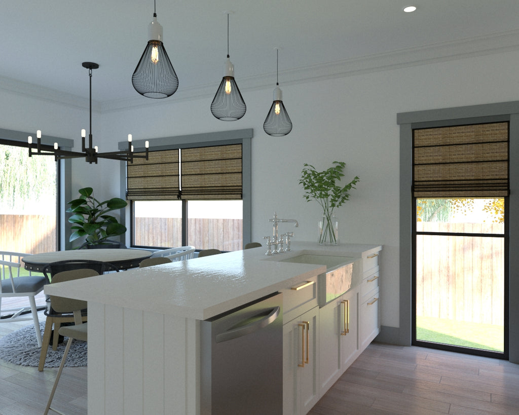 White modern kitchen with dishwasher farmhouse type sink white countertop