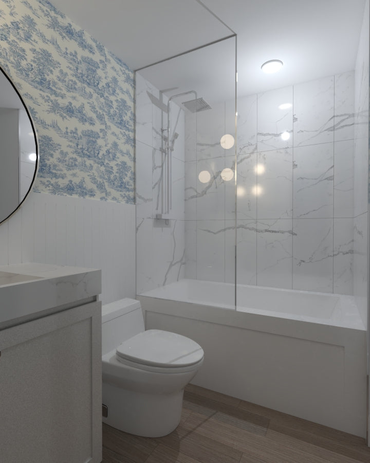 Bathroom with white marble tiles glass partition toilet luxury vinyl plank floor and quartz countertop