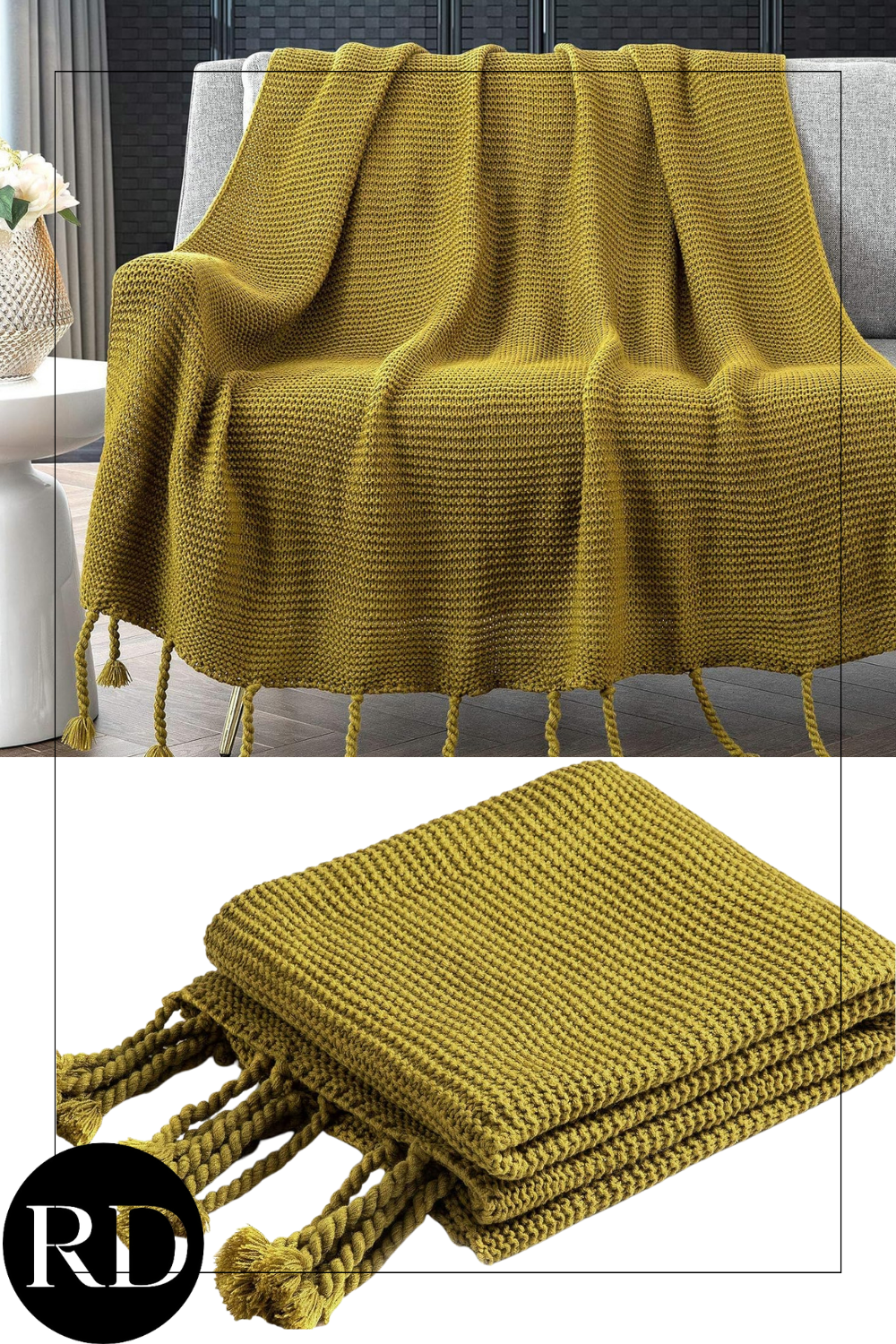 Knitted Throw Blanket with Fringe, Mustard Green Knit Throw Blanket for Couch Bed Sofa 50" x 60"