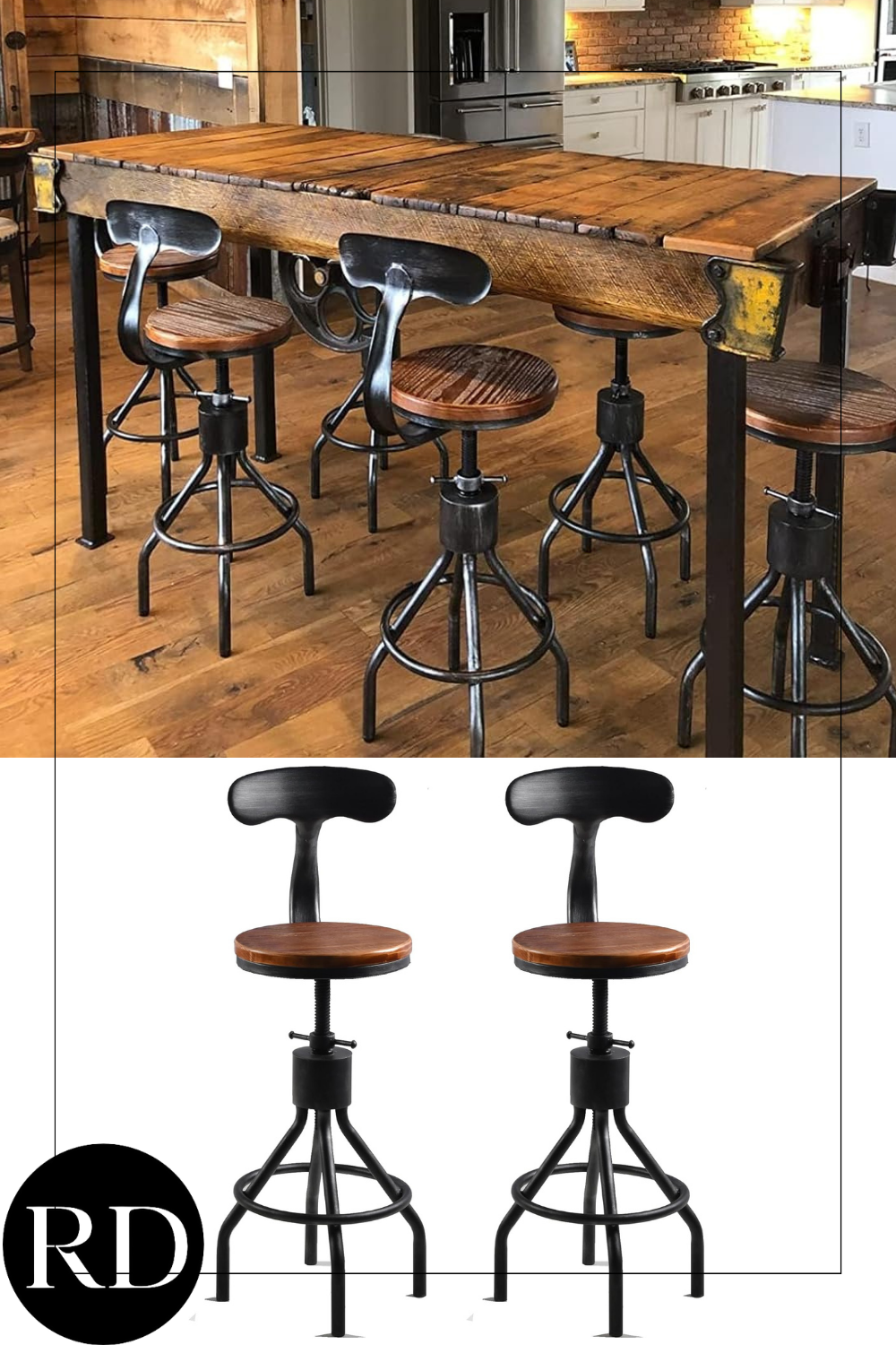 Set of 2 Industrial Bar Stool-Adjustable Swivel Wood Metal Bar Stool-Counter Height to Extra Tall Farmhouse Bar Stool-24-30 Inch Seat Height-with Backrest
