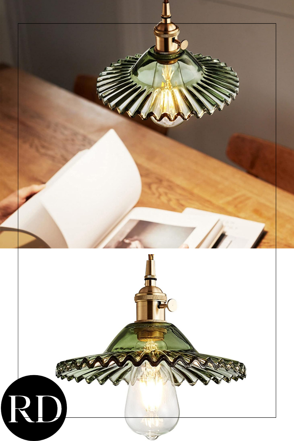Industrial Vintage Glass Pendant Lighting Retro Mini 8.7" Glass Pendant Lamp Shade Brass Finish Loft Bar Ceiling Hanging Light (Green)
