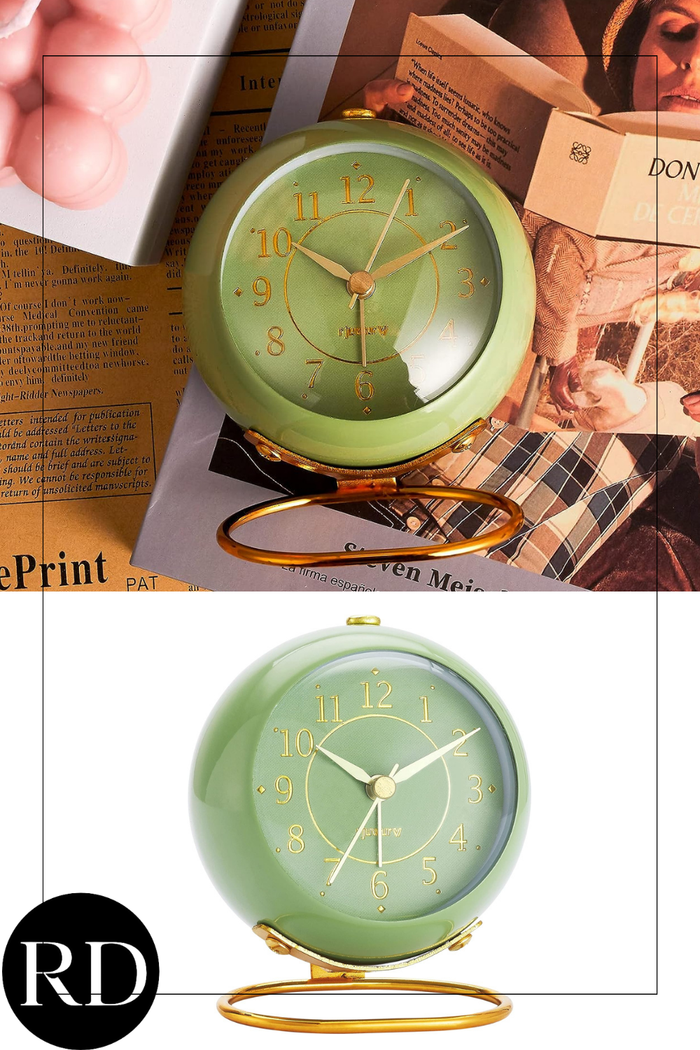 Metal Desk Clock, rjuwurv Retro Bedroom Table Vintage Analog Alarm Clock, Silent Non-Ticking Gold Clock, Bedside Décor(Olive-Green)