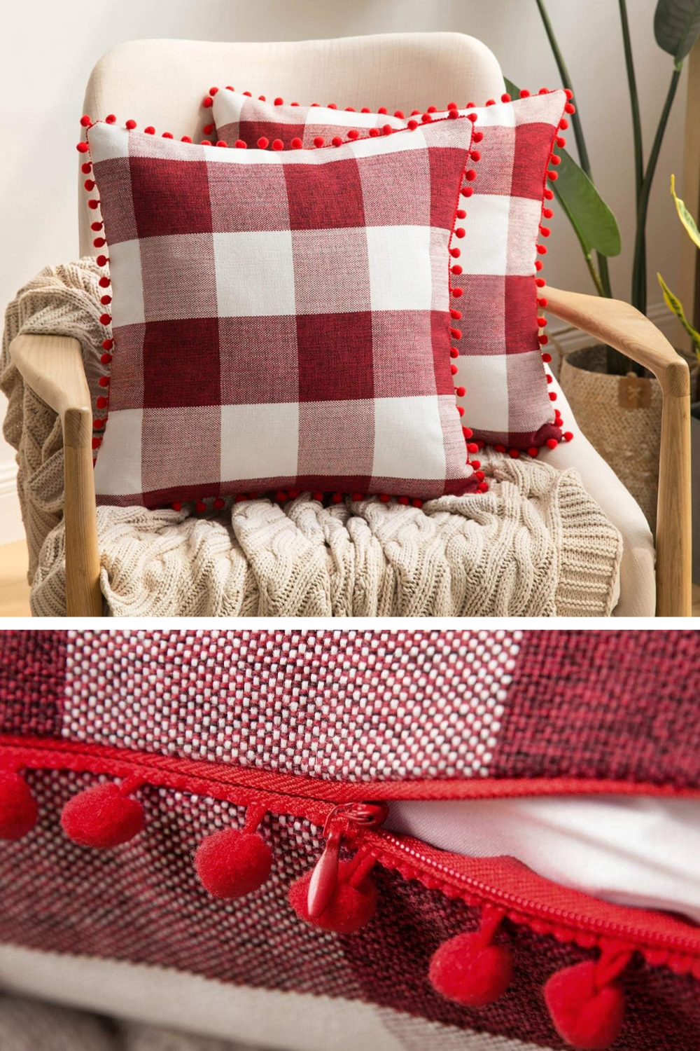 Set of 2 Retro Farmhouse Buffalo Plaid Check Pillow Cases with Pom-poms Christmas Decorative Throw Pillow Covers Cushion Case for Sofa Couch 18x18 Inch Red and White
