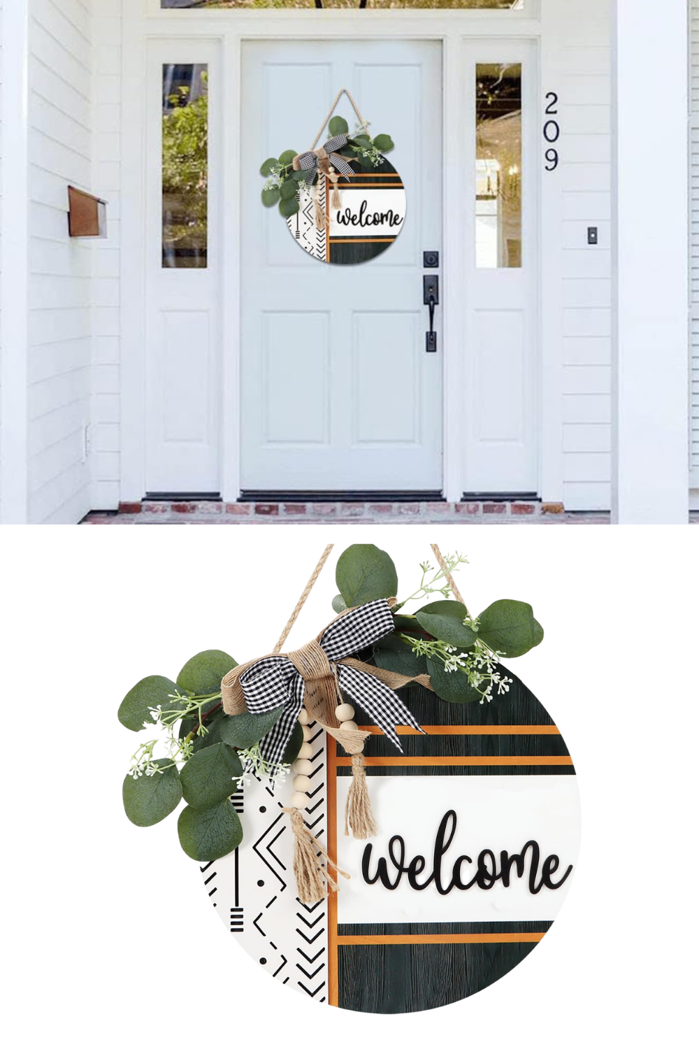 Boho 3D Welcome Wreath for Front Door(11.42"x11.42"), Rustic Farmhouse Porch Wreath Sign with Eucalyptus Leaves Plaid Bow Bead, Round Welcome Home Door Hanger for Porch Outdoor