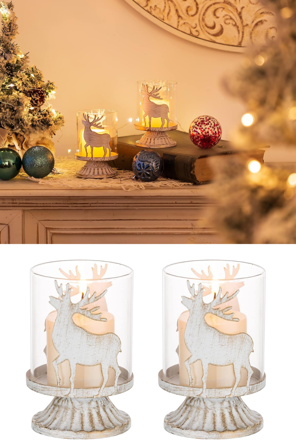 Christmas Pillar Candle Holder: Set of 2 Small Rustic Table Decorations with Distressed Metal Reindeer Design, Candle Holders Centerpieces Ornaments for Shelf Bookcase Farmhouse Home Decor