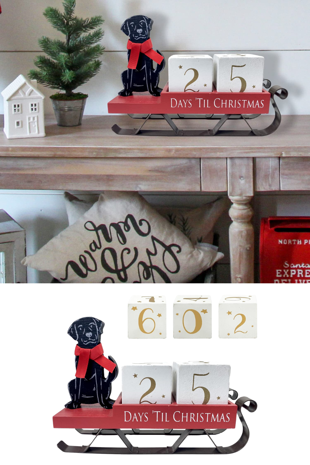 Advent Calendar Christmas Santa Sleigh Countdown 32 Days Until Christmas Block Farmhouse Dog Table Decorations Wooden Winter Rustic Decor Holiday Sign for Home Kitchen Xmas Party Mantel
