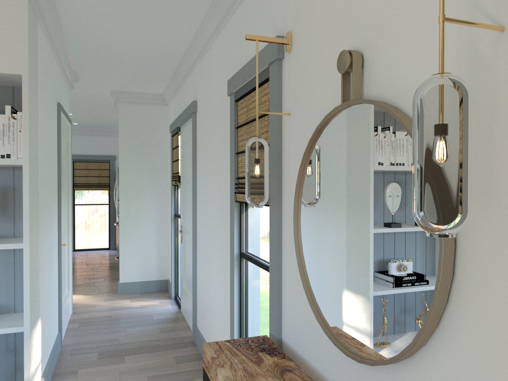 Hallway with round framed mirror with blue frame windows luxury vinyl planks