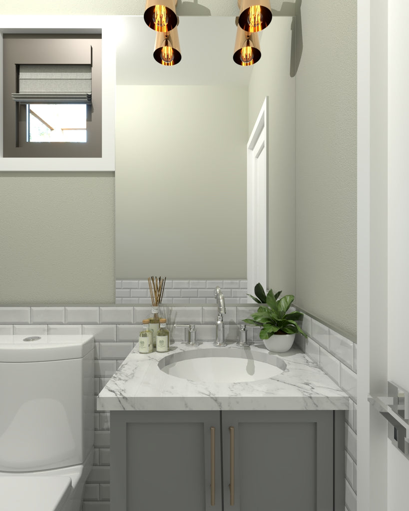 Bathroom with quartz vanity countertop gold sconce lights