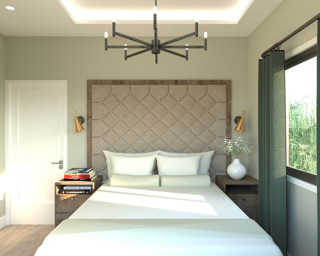 Master bedroom with tufted headboard ceiling cove with led lights white painted walls