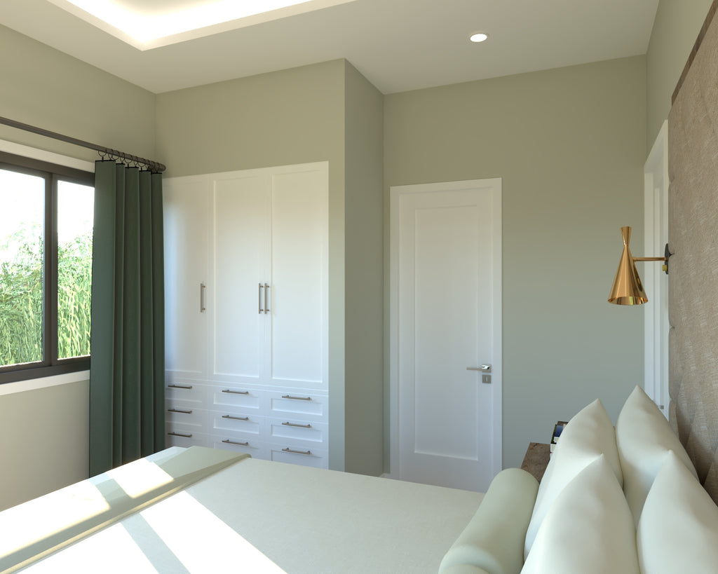 master bedroom with white painted walls shaker type cabinet