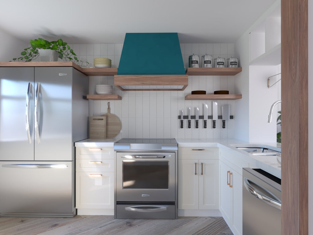 Modern kitchen with white countertop and cabinets colored exhaust fan stainless steel fridge herringbone floor planks