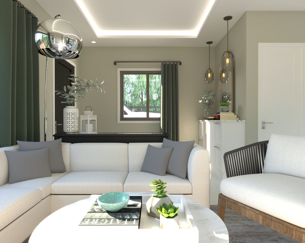 living area with upholstered sofa white marble flooring marble coffee table cove ceiling with LED strip light