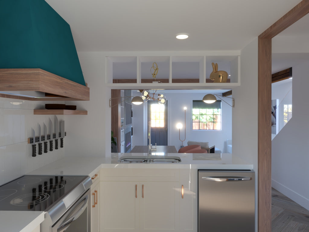 Kitchen with painted hood white countertop white shaker cabinets 