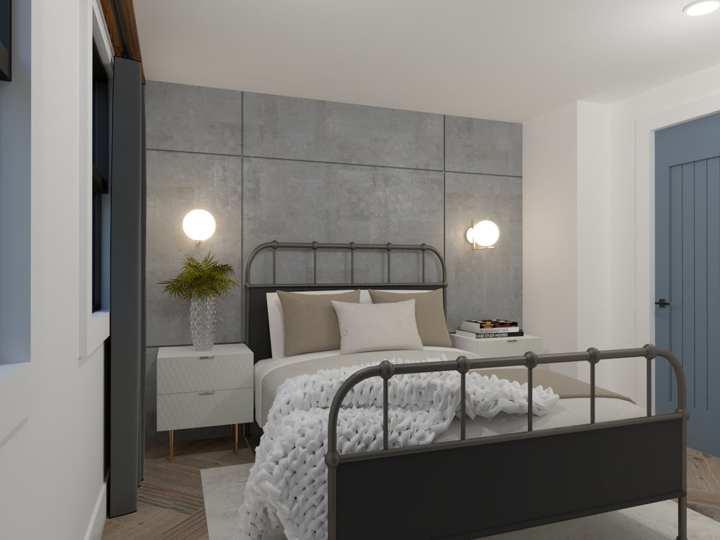 Bedroom with concrete accent wall luxury vinyl planks white painted walls