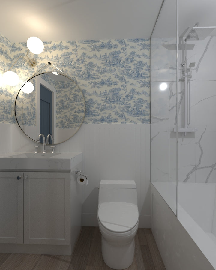 bathroom with wallcovering wainscoting luxury vinyl plank 