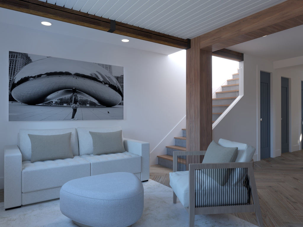 Living area with white fluffy upholstered sofa white painted wall