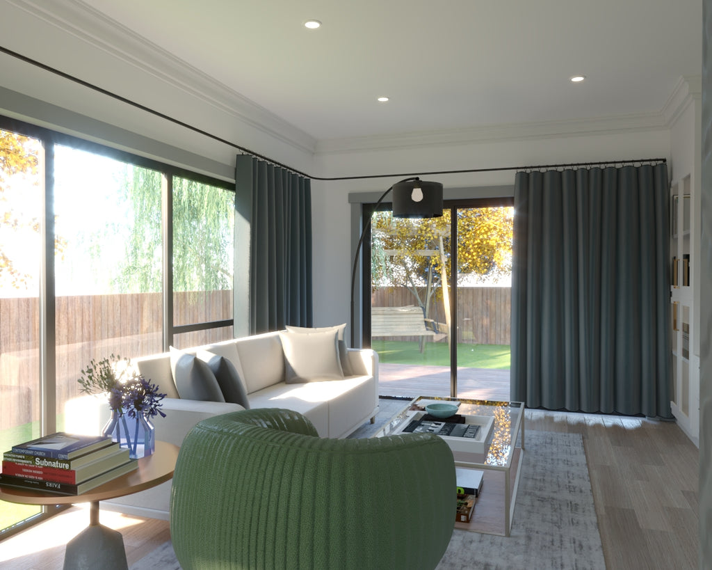 Living area with luxury vinyl planks blue draperies upholstered green lounge chair white upholstered sofa