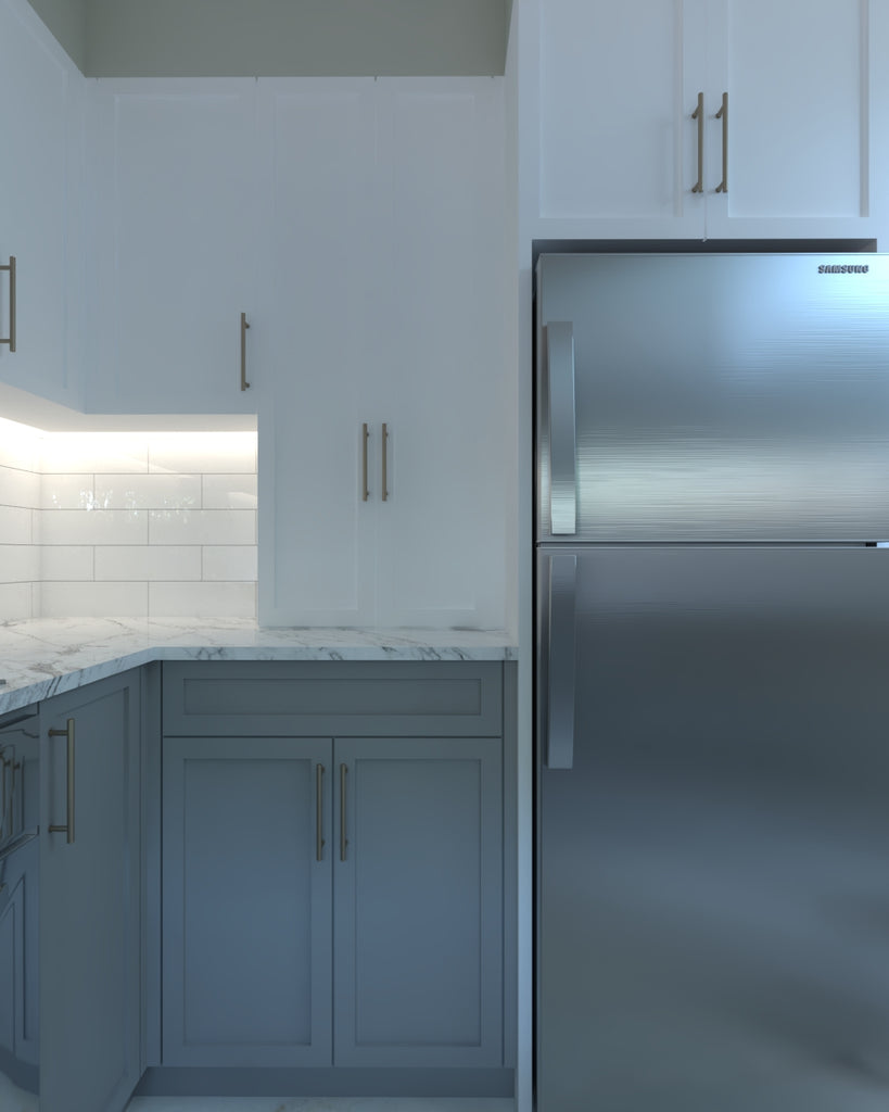 modern kitchen with stainless steel fridge quartz countertop shaker cabinet doors