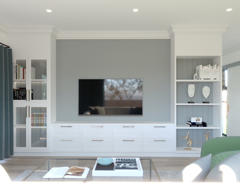 Living area showing TV wall in grey paint finish and shaker type entertainment cabinets