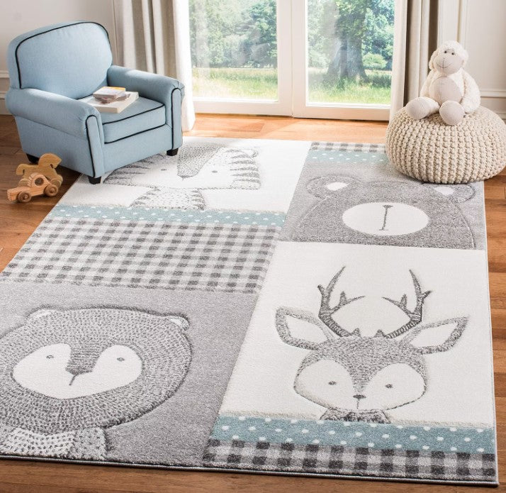 Carousel Kids Collection 5'3" x 7'6" Grey/Ivory CRK188B Animal Nursery Playroom Area Rug