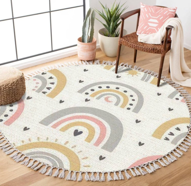 Round Rugs Seamless with Cute Nursery Rainbows Textile Repeat for Kids Boho Area Rug Linen and Cotton Carpet Meditation Rug Washable Hallway Runner Mat Accent Rug for Bedroom Bathroom 4ft