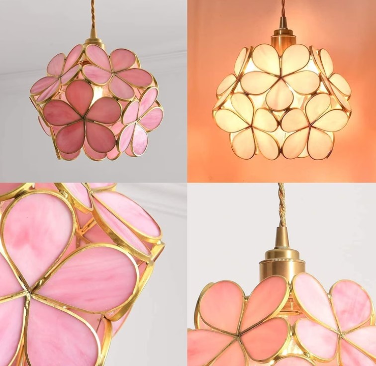 Glass Pendant Lighting, Cherry Blossom Glass Hanging Lamp Ceiling Light (Pink)