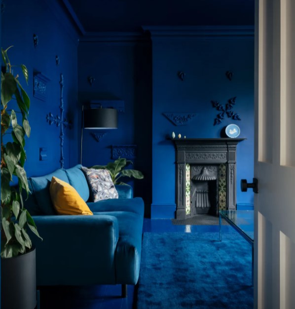 monochromatic blue living area